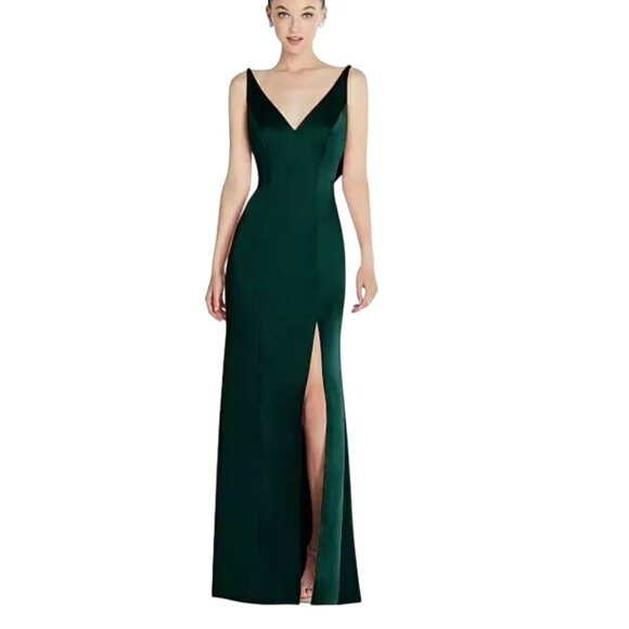 NEW After Six Draped Cowl-Back Princess Line Dress Front Slit Evergreen Size 2 - Picture 1 of 14